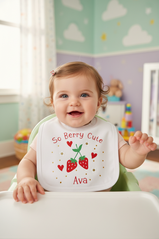 So Berry Cute Personalised Strawberry Design Printed Bib
