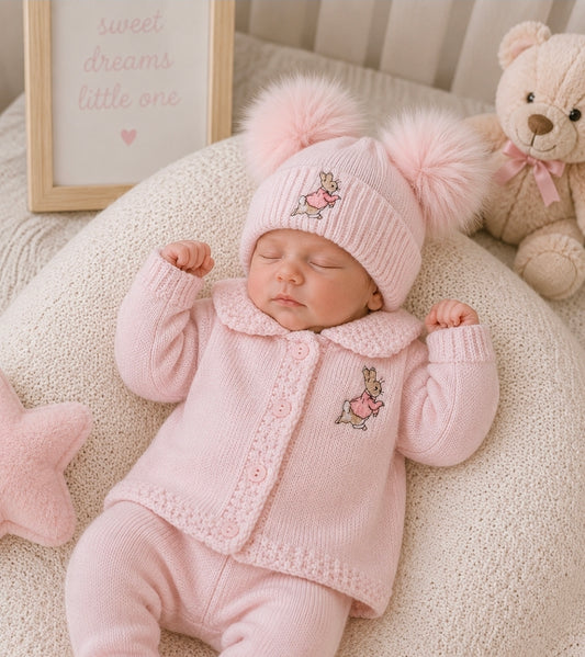 Baby Pink Knitted Pink Rabbit Hat With Double Pink Fluffy Faux Fur Pom