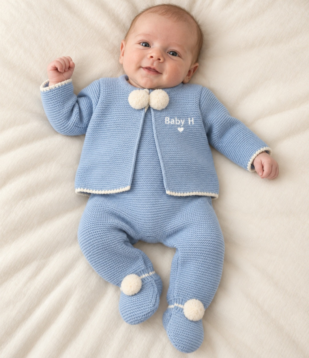 Baby Boys Personalised Dusky Blue Pom Pom Set