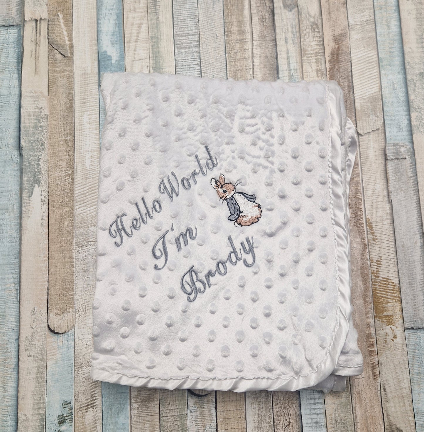 Personalised Hello World White Dimple Blanket/Wrap With Embroidered Grey Rabbit Design