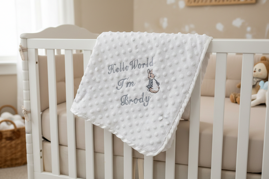 Personalised Hello World White Dimple Blanket/Wrap With Embroidered Grey Rabbit Design