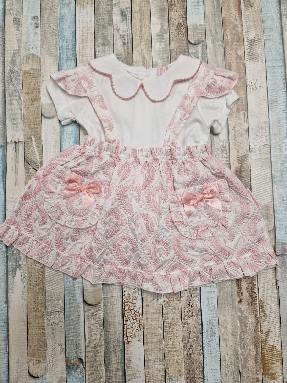 Baby Girls Pink And White Jacquard 2 Pieces Skirt Set with Bows