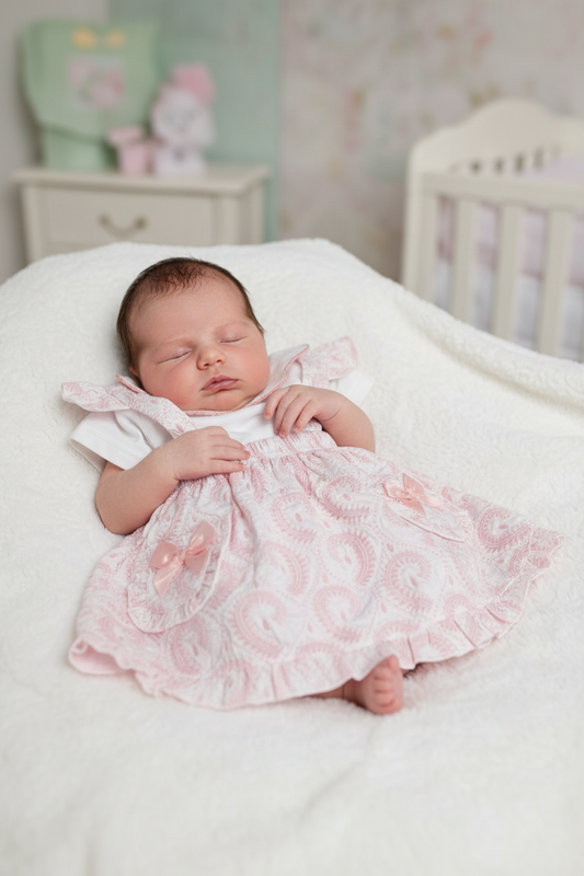 Baby Girls Pink And White Jacquard 2 Pieces Skirt Set with Bows