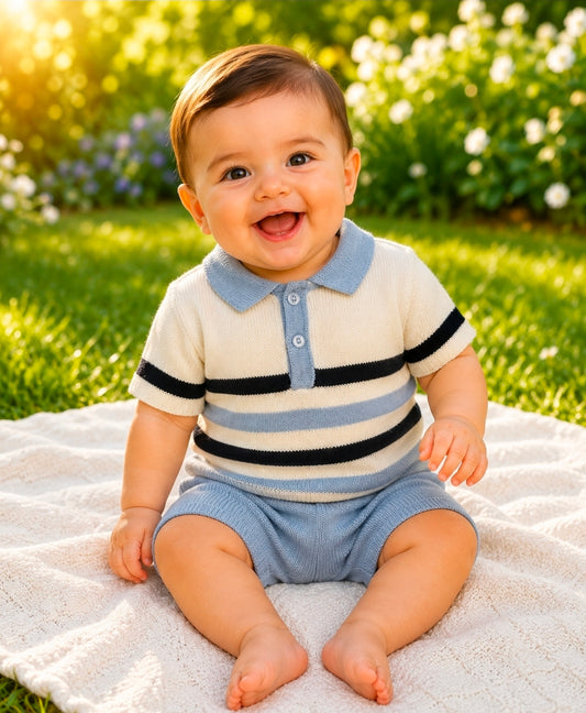 Baby Boys Blue White And Navy Striped Knitted Short Set