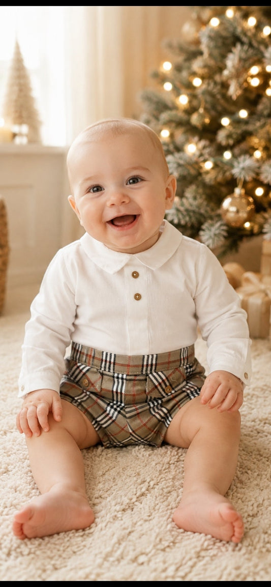 Baby Boys White Shirt And Beige Tartan Shorts Set