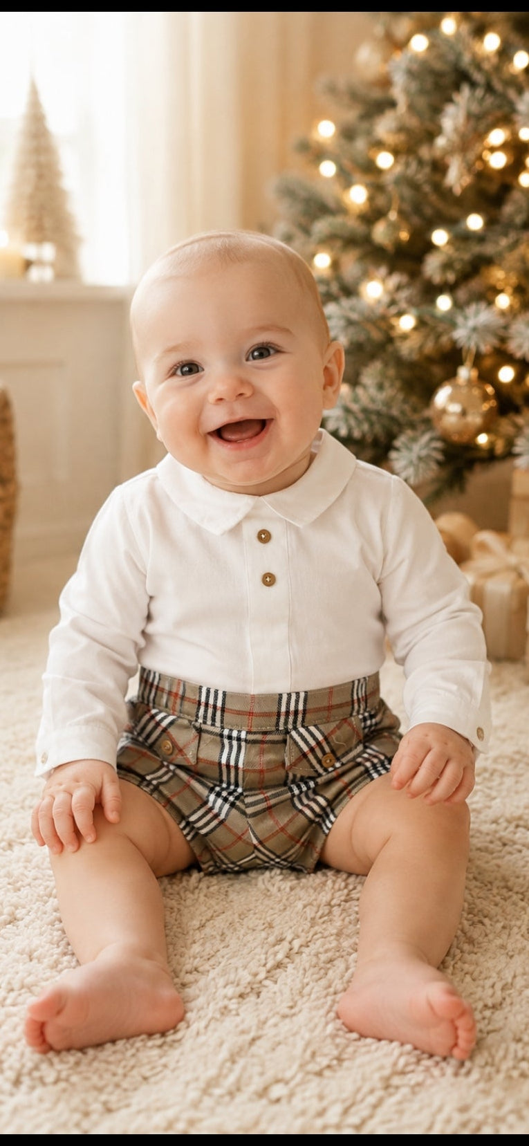 Baby Boys White Shirt And Beige Tartan Shorts Set