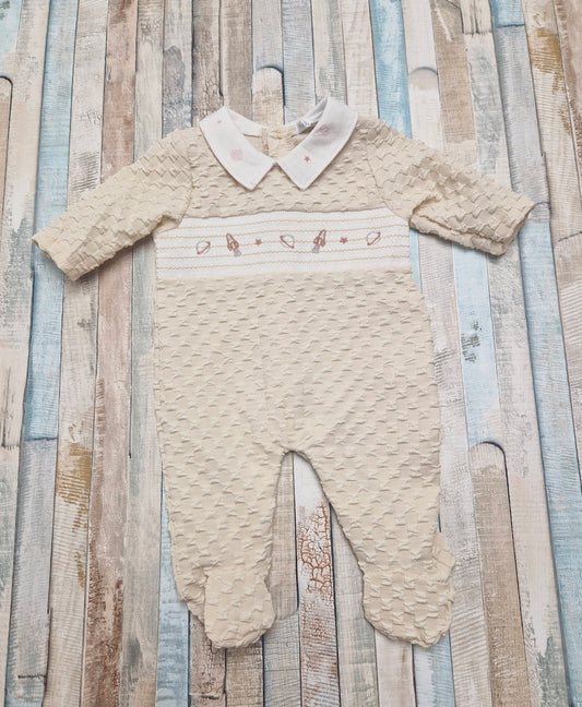 Baby Boys Beige Space Design Smocked Babygro