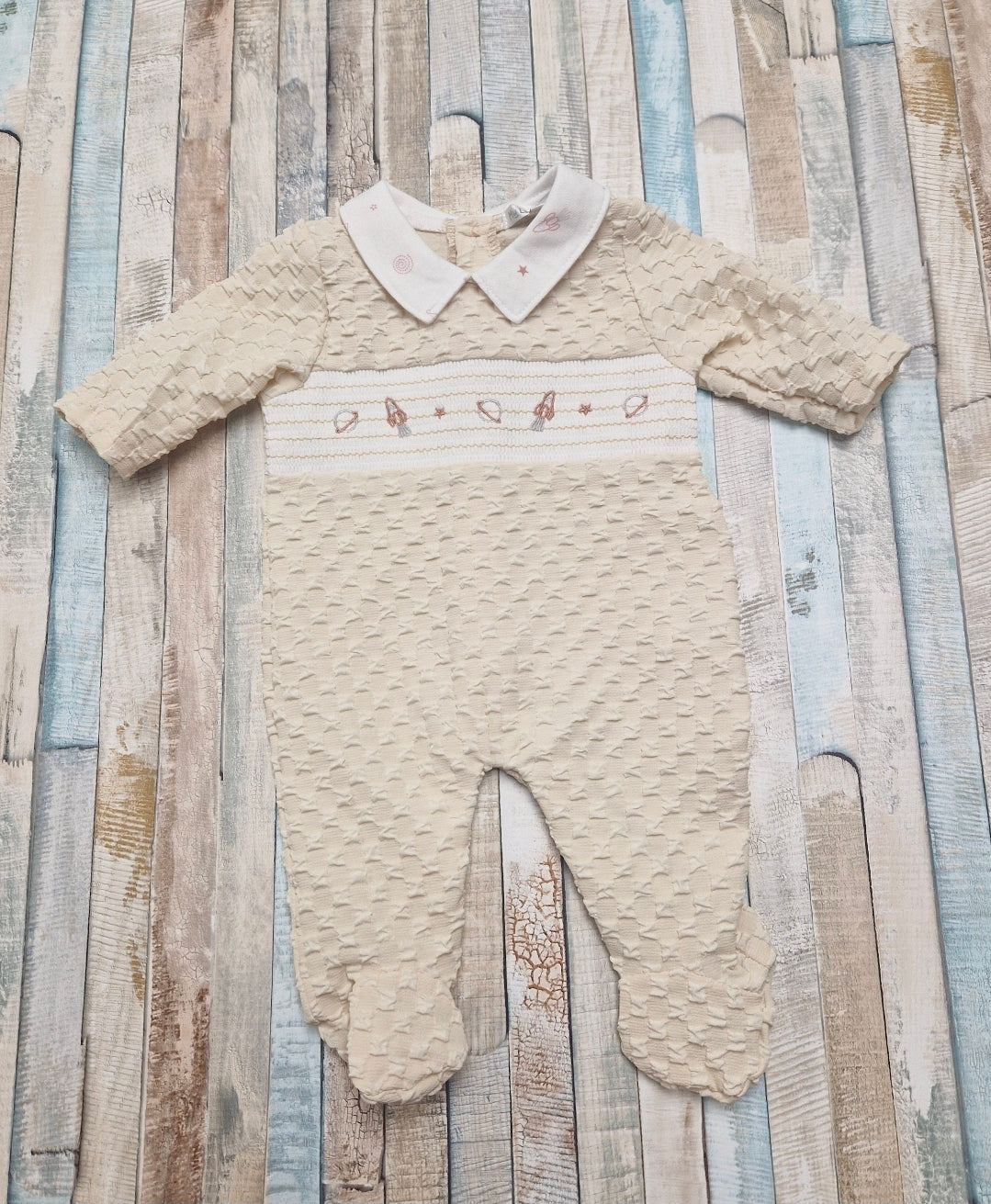 Baby Boys Beige Space Design Smocked Babygro