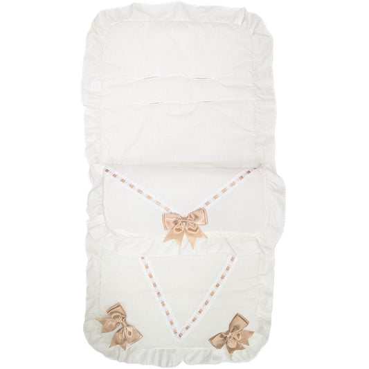 Unisex Baby Cream And Beige Broderie Anglaise Lace Trim Footmuff/Cosytoes With Satin Bows