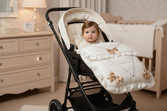 Unisex Baby Cream And Beige Broderie Anglaise Lace Trim Universal Pushchair  Footmuff/Cosytoes With Satin Bows