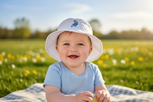 Baby White Baby Cotton Embroidred Bucket Hat With Blue Rabbit