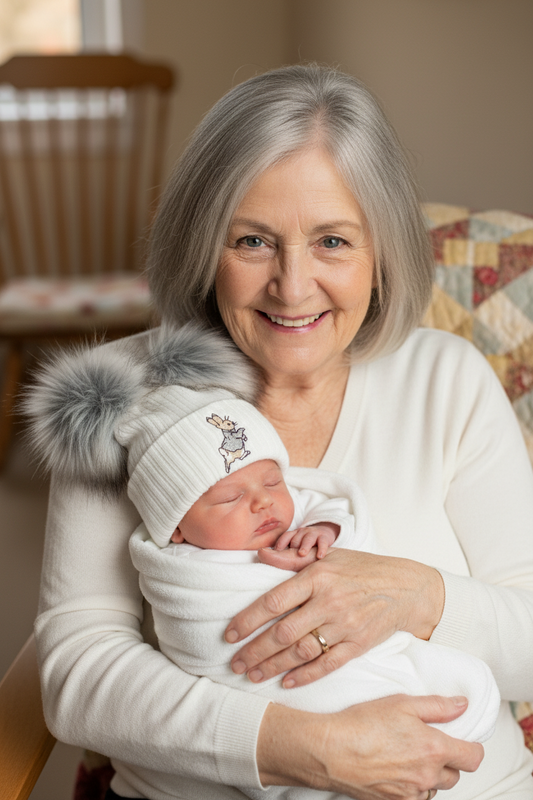 Baby White Knitted Grey Rabbit Double Grey Fluffy Faux Fur Pom Hat
