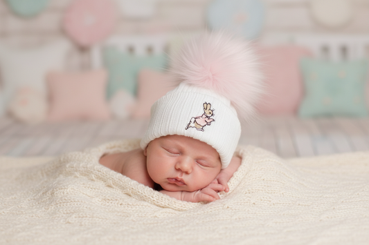 Baby White Knitted Pink Rabbit Pink Single Fluffy Faux Fur Pom Hat