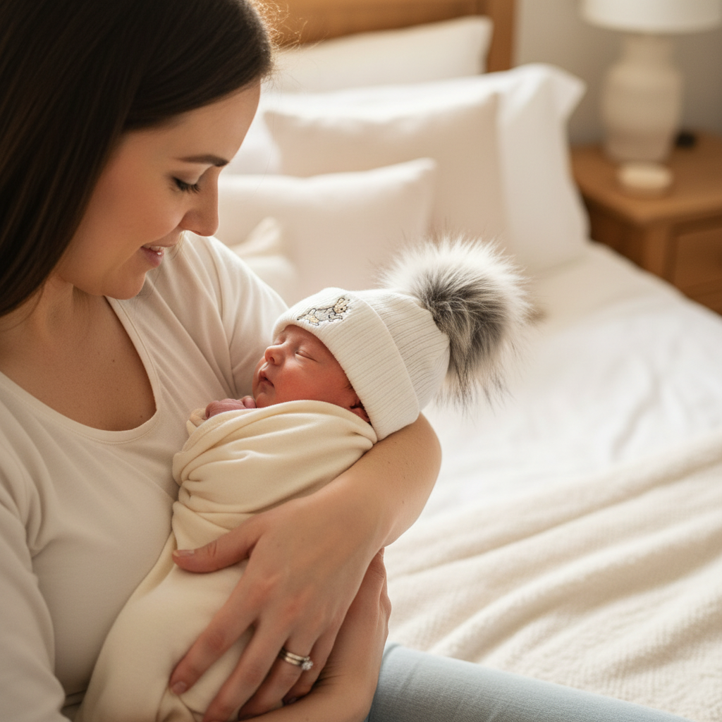 Baby White Knitted Rabbit Single Grey Fluffy Faux Fur Pom Hat