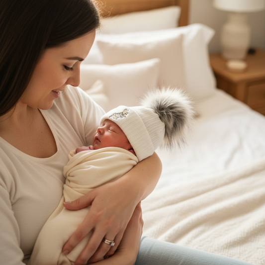 Baby White Knitted Rabbit Single Grey Fluffy Faux Fur Pom Hat