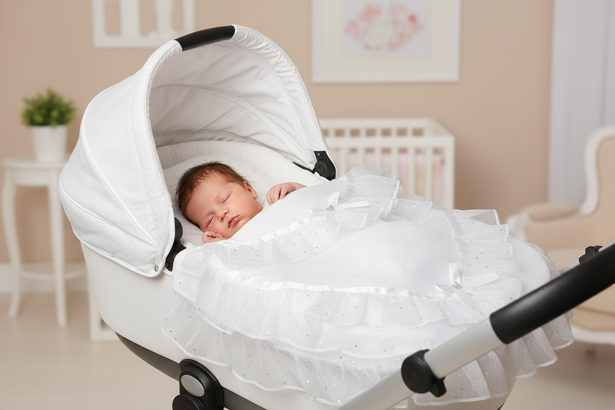 Unisex Baby White Organza Lace Pram Set