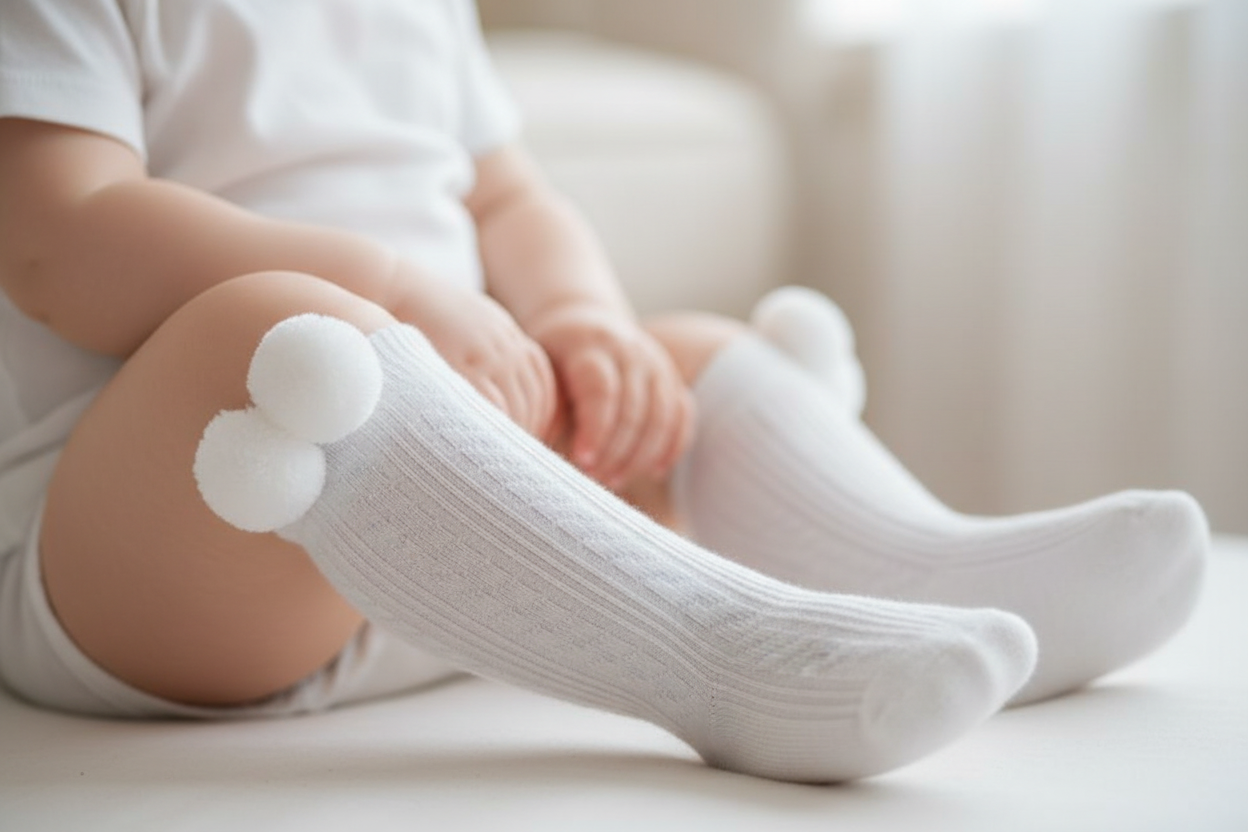 Unisex Baby White Ribbed Knee Length Pom Pom Socks