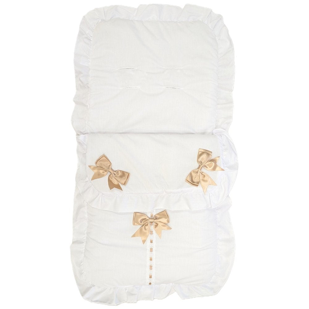 Unisex Baby Plain White And Gold Satin Bow Universal  Pushchair Cosytoes/Footmuff