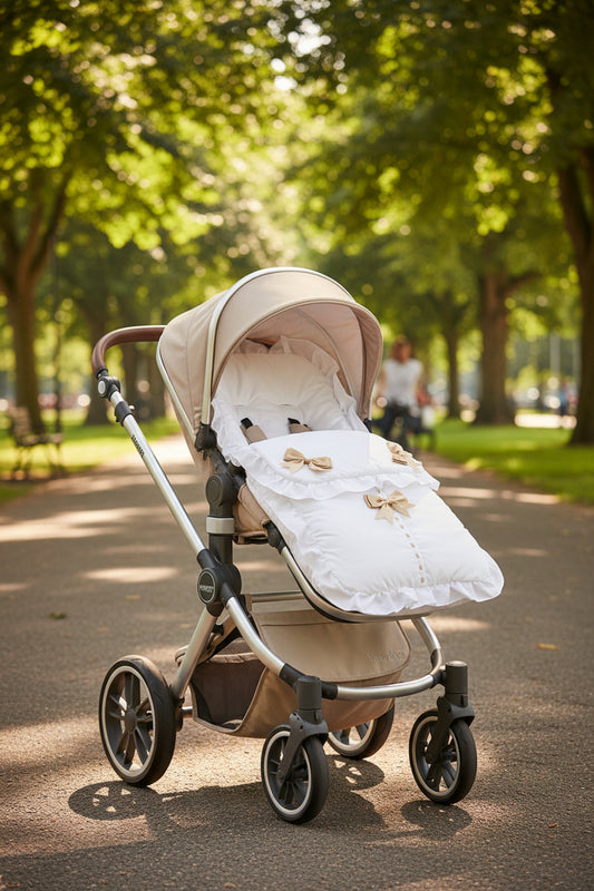 Unisex Baby Plain White And Gold Satin Bow Universal  Pushchair Cosytoes/Footmuff