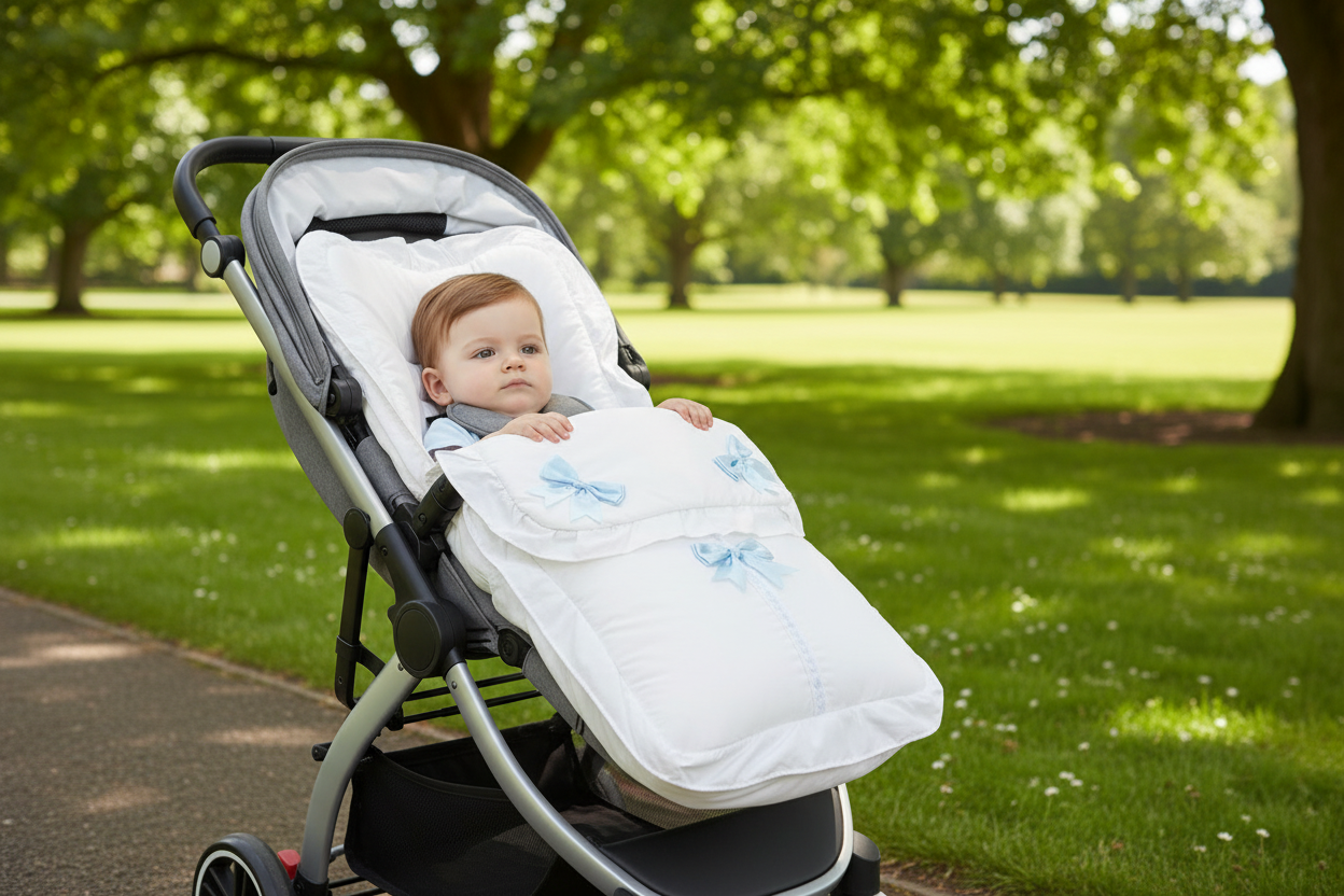 Baby Boys Plain White And Blue 3 Bow Universal Footmuff/Cosytoes