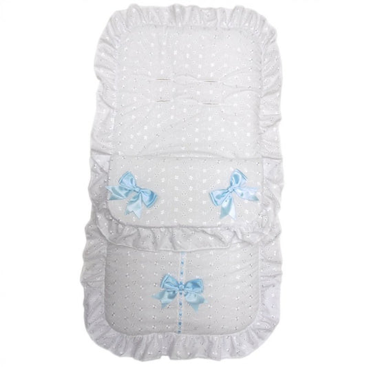 Baby Boys White And Blue Broderie Anglaise 3 Bow Universal Footmuff/ Cosy Toes