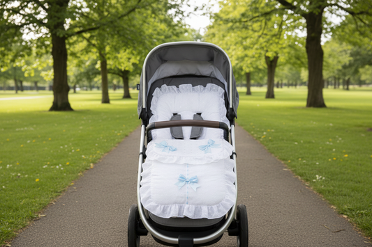 Baby Boys White And Blue Embroidered Broderie Anglaise Universal Pushchair Footmuff/Cosytoes