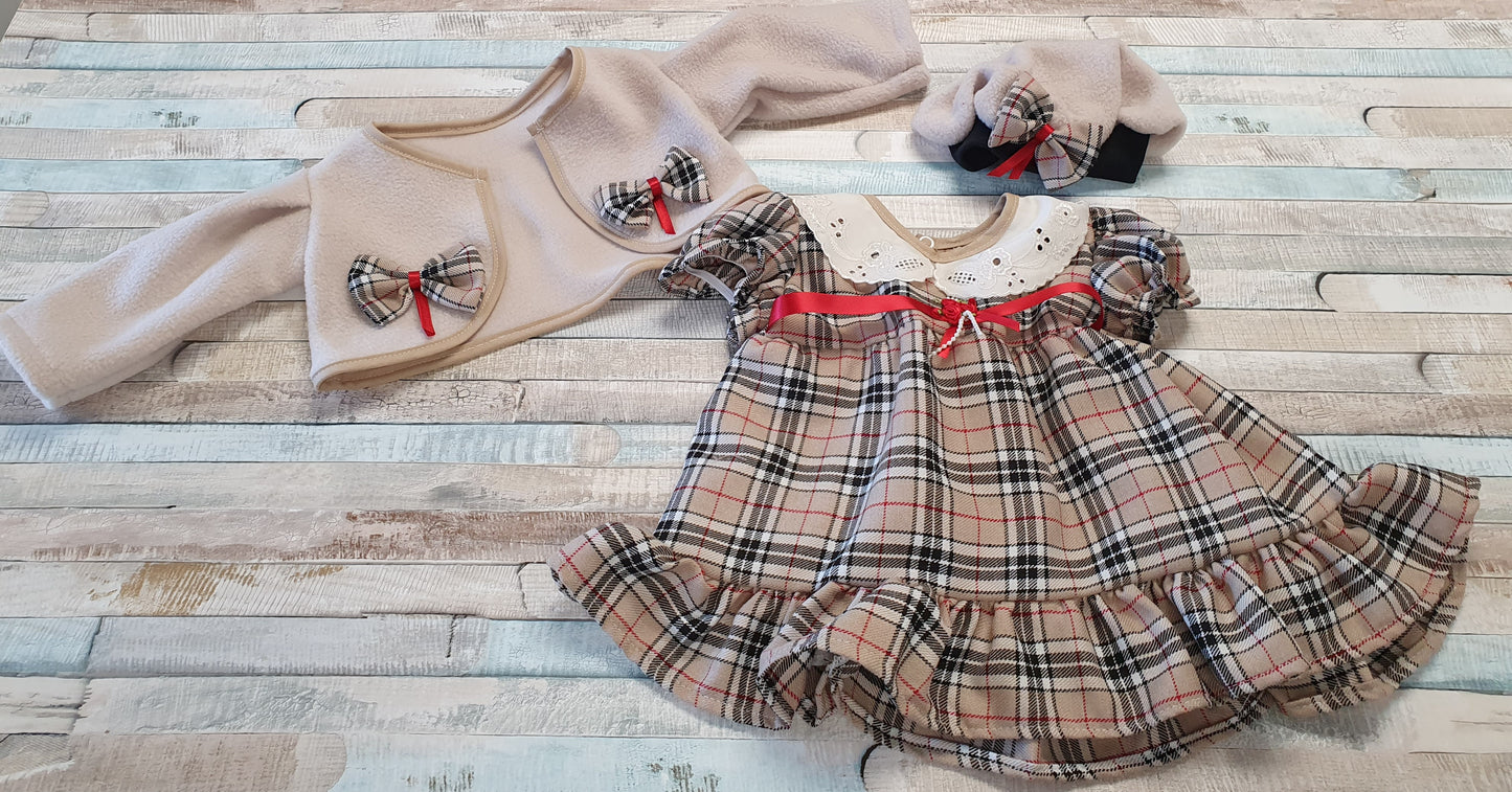 Baby Girls Beige Tartan Dress With Matching Jacket & Hat