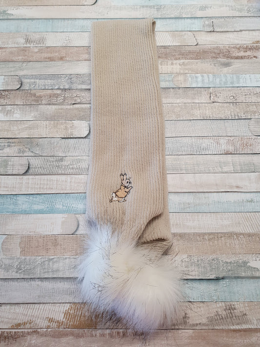 Beige Knitted Rabbit Scarf With Beige Fluffy Faux Fur Pom Pom