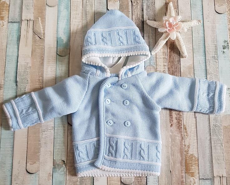 Baby Boys Blue Knitted Hooded Pram Coat - Nana B Baby & Childrenswear Boutique