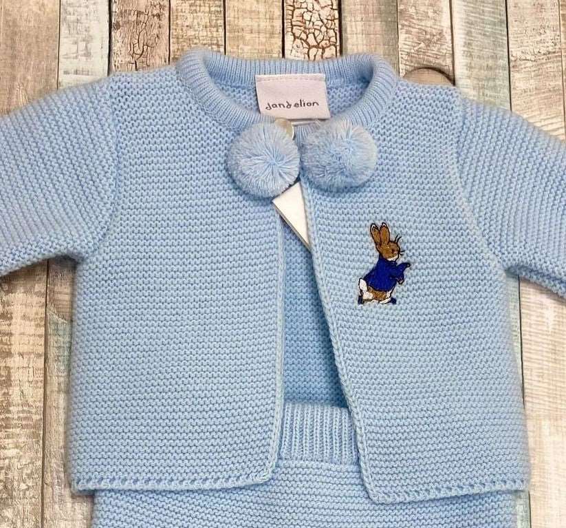 Baby Boys Blue Knitted Pom Pom Set With Embroidered Rabbit Design - Nana B Baby & Childrenswear Boutique