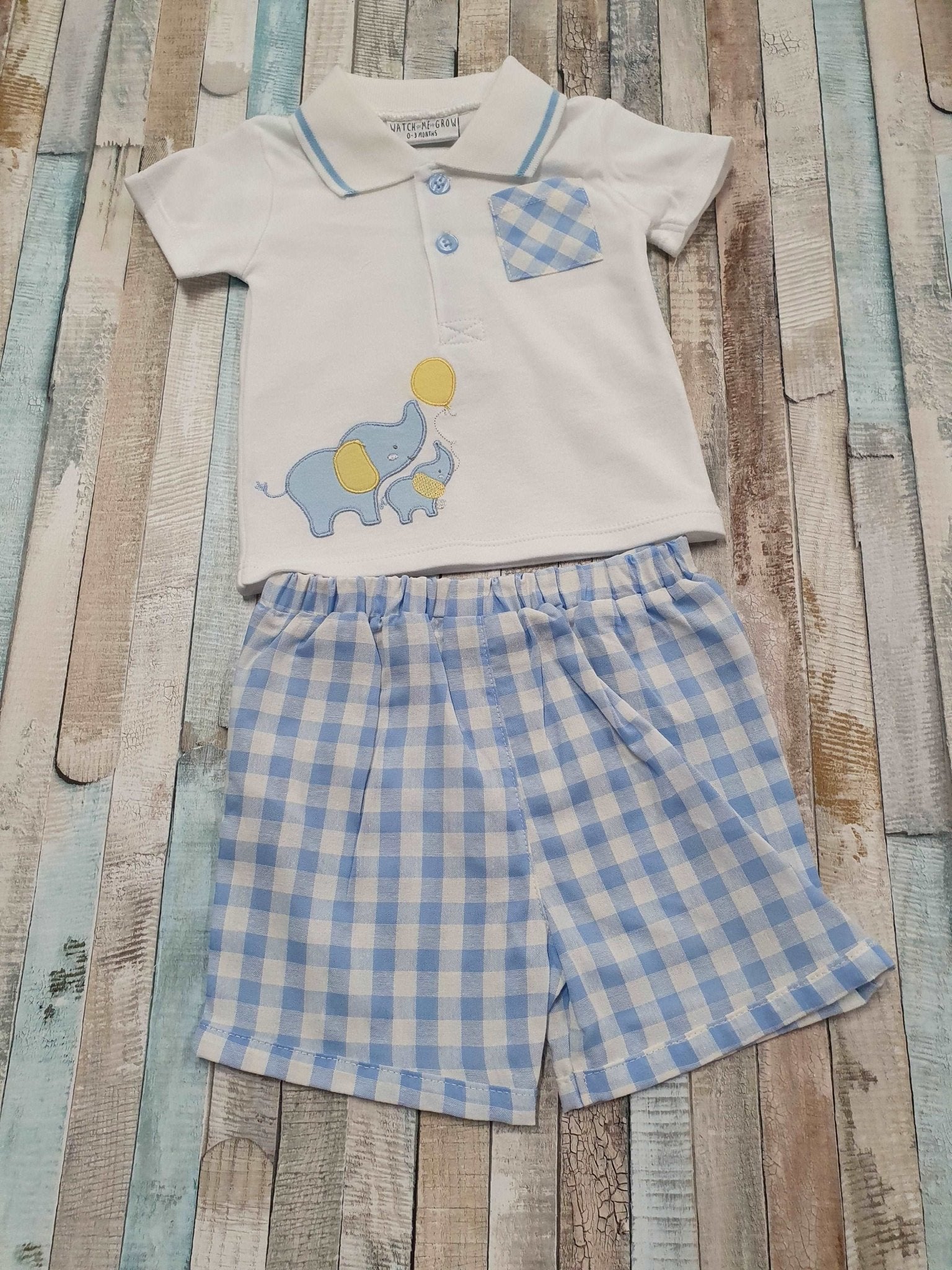 Baby Boys Blue & White Checked Elephant Set - Nana B Baby & Childrenswear Boutique