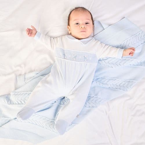 Baby Boys Blue & White Dandelion Smocked Rabbit Babygro - Nana B Baby & Childrenswear Boutique