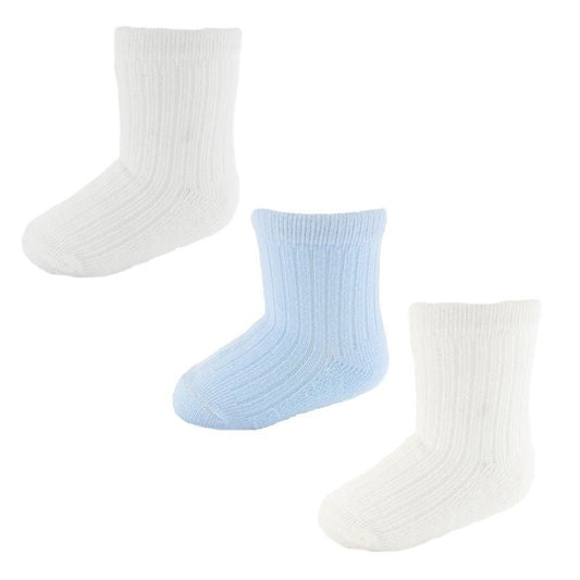 Baby Boys Blue & White Pack Of 3 Ribbed Ankle Socks - Nana B Baby & Childrenswear Boutique