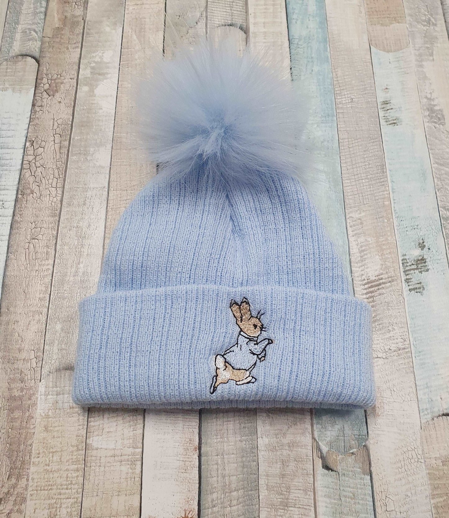 Baby Boys Knitted Blue Rabbit Fluffy Single Pom Hat - Nana B Baby & Childrenswear Boutique