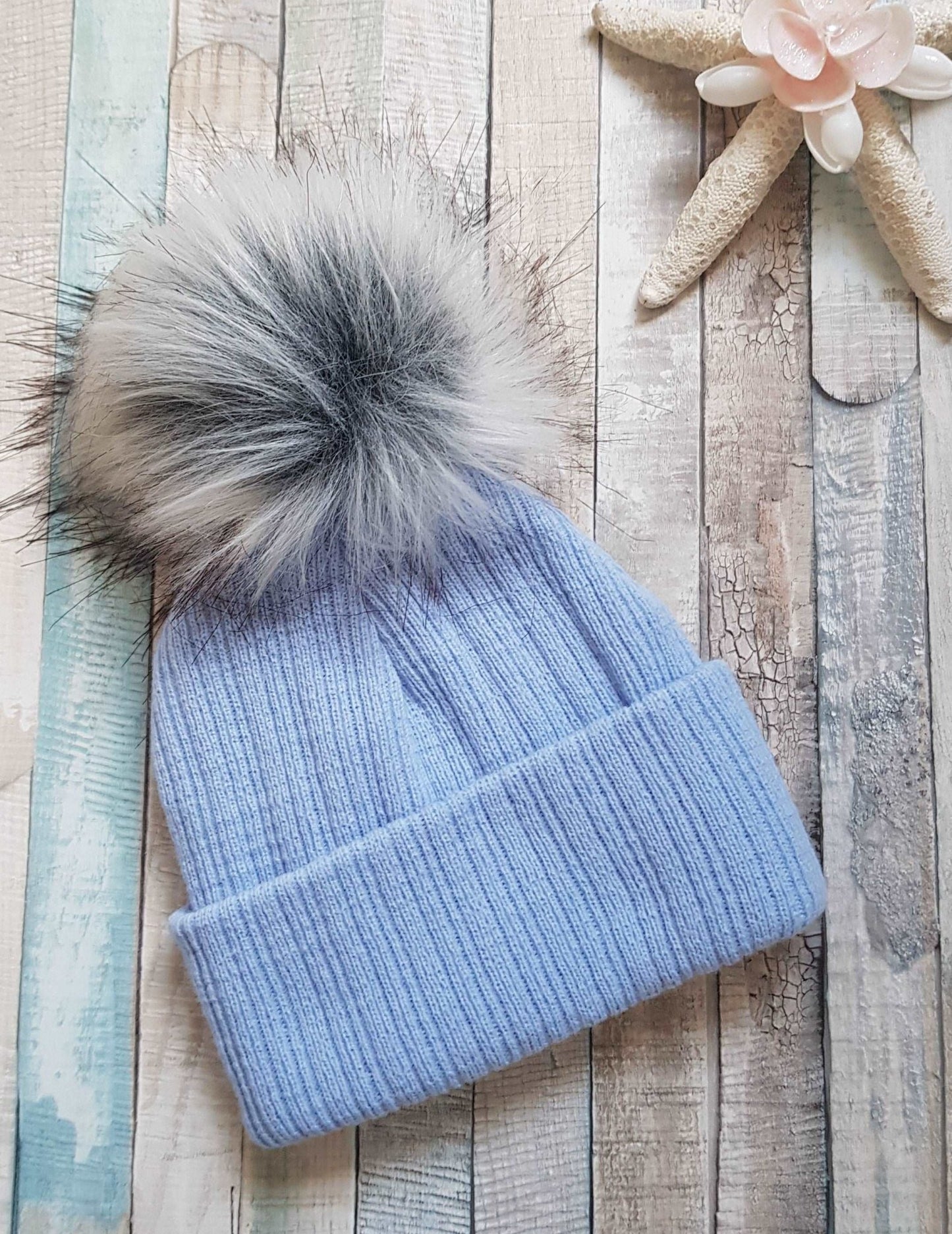 Baby Boys Knitted Blue Single Faux Fur Fluffy Pom Pom Hat - Nana B Baby & Childrenswear Boutique