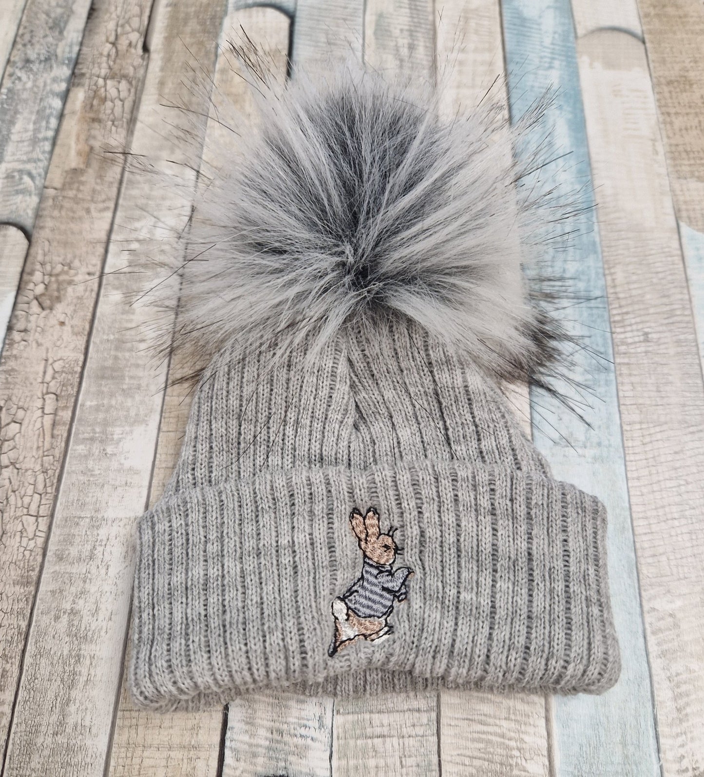 Baby Boys Knitted Grey Rabbit Fluffy Single Pom Hat - Nana B Baby & Childrenswear Boutique