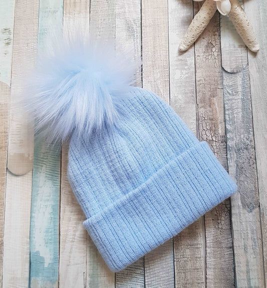 Baby Boys Knitted Single Blue Faux Fur Fluffy Pom Pom Hat - Nana B Baby & Childrenswear Boutique