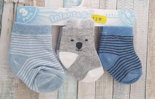 Baby Boys Pack Of 3 Assorted "Teddy" Design Socks - Nana B Baby & Childrenswear Boutique