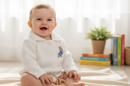 Baby Boys white Cardigan With Blue Rabbit - Nana B Baby & Childrenswear Boutique