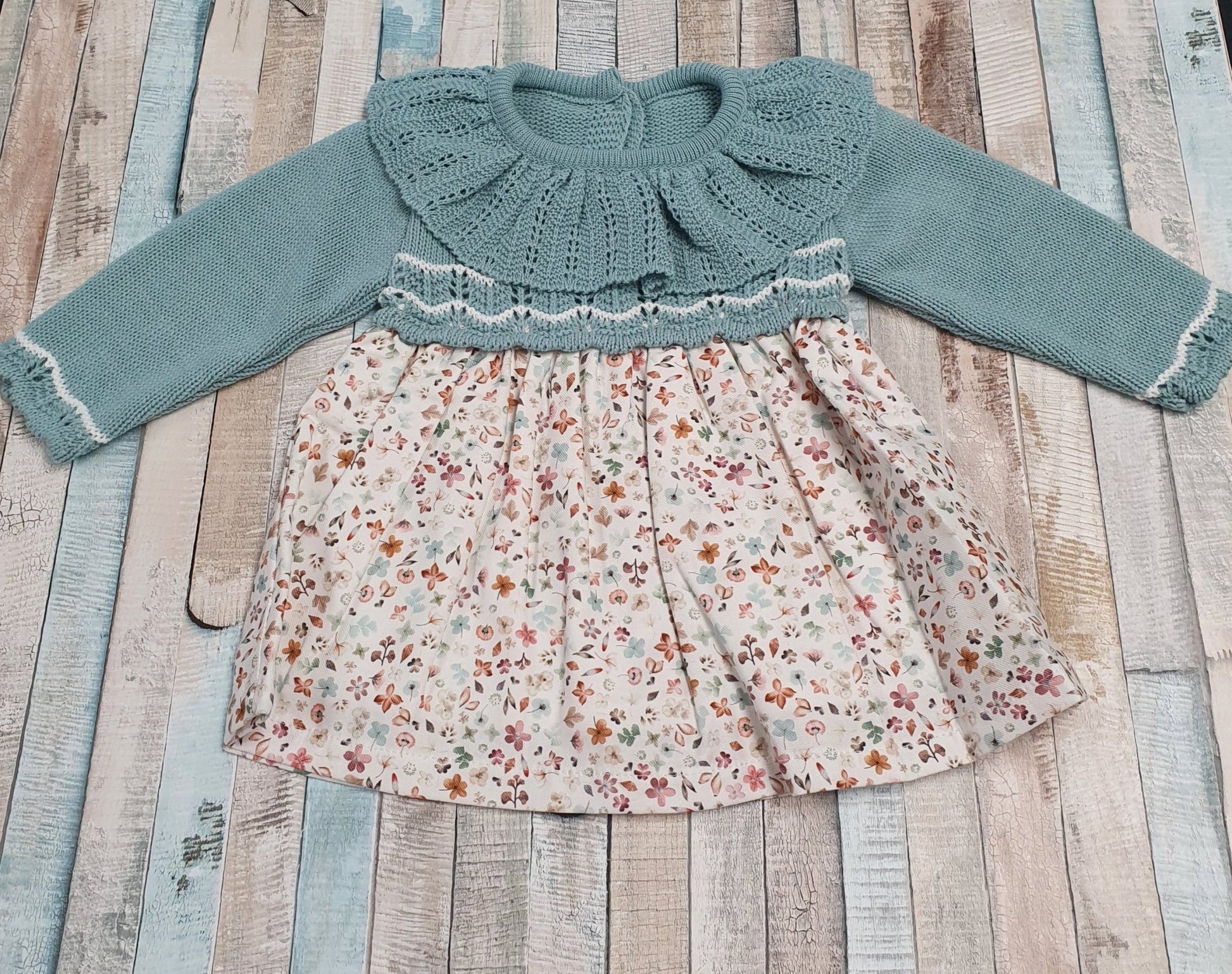 Baby Girls Green Half Knitted Half Floral Dress - Nana B Baby & Childrenswear Boutique