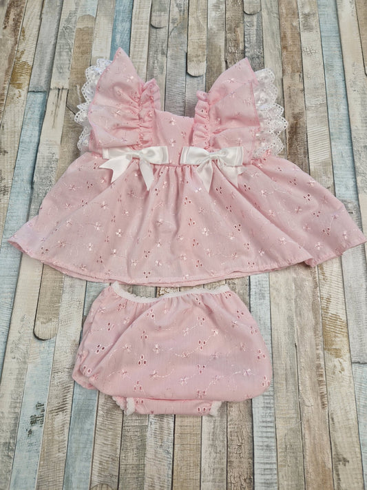 Baby Girls Pink And Pink Broderie Anglaise Summer Dress - Nana B Baby & Childrenswear Boutique