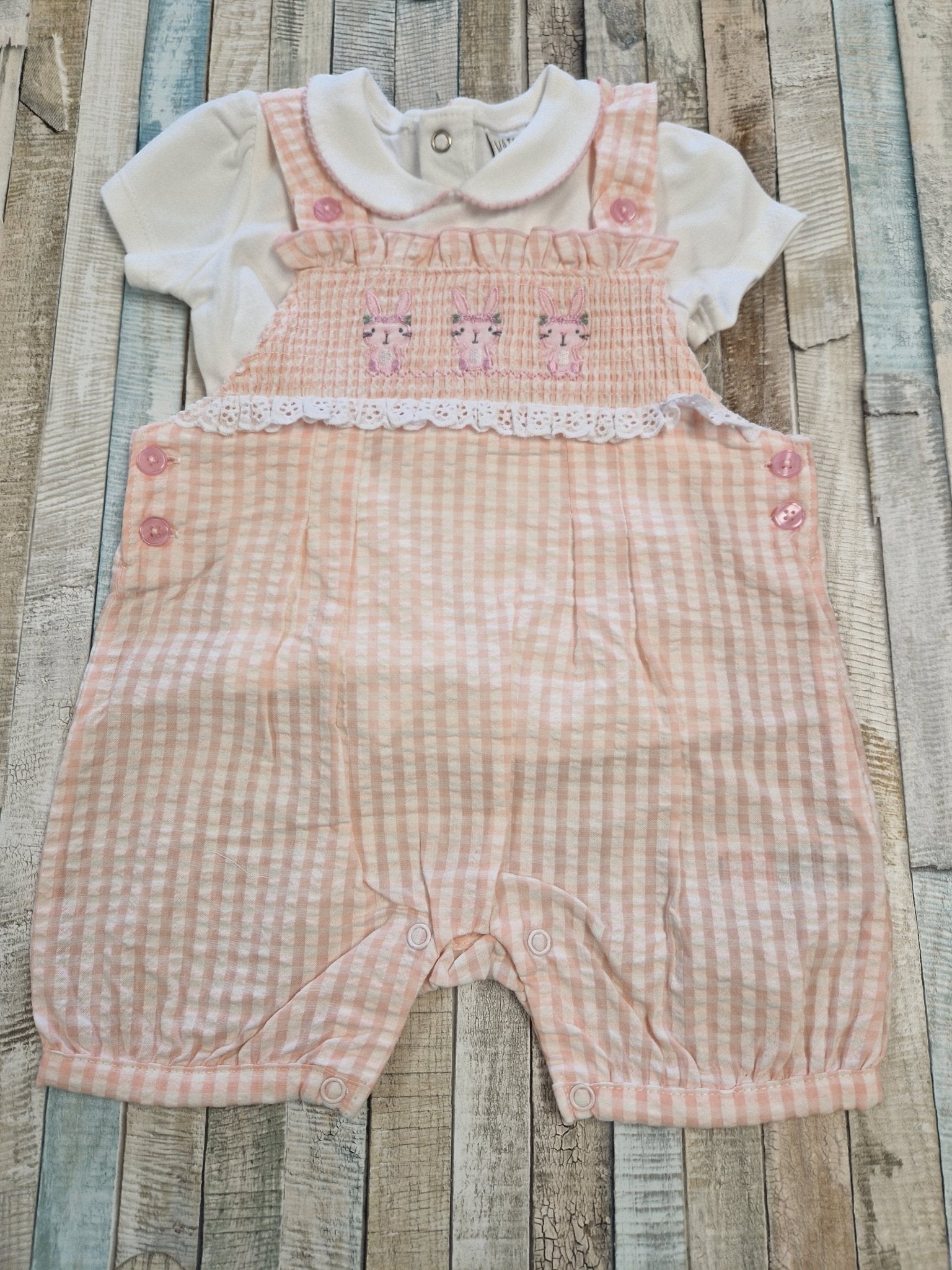 Baby Girls Pink And White Gingham Checked Bunny Dungaree Set - Nana B Baby & Childrenswear Boutique