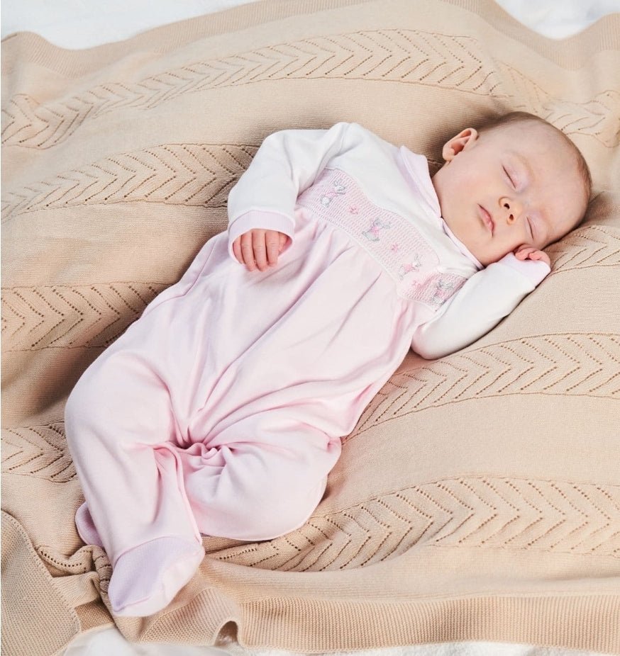 Baby Girls Pink & White Dandelion Smocked Rabbit Babygro - Nana B Baby & Childrenswear Boutique