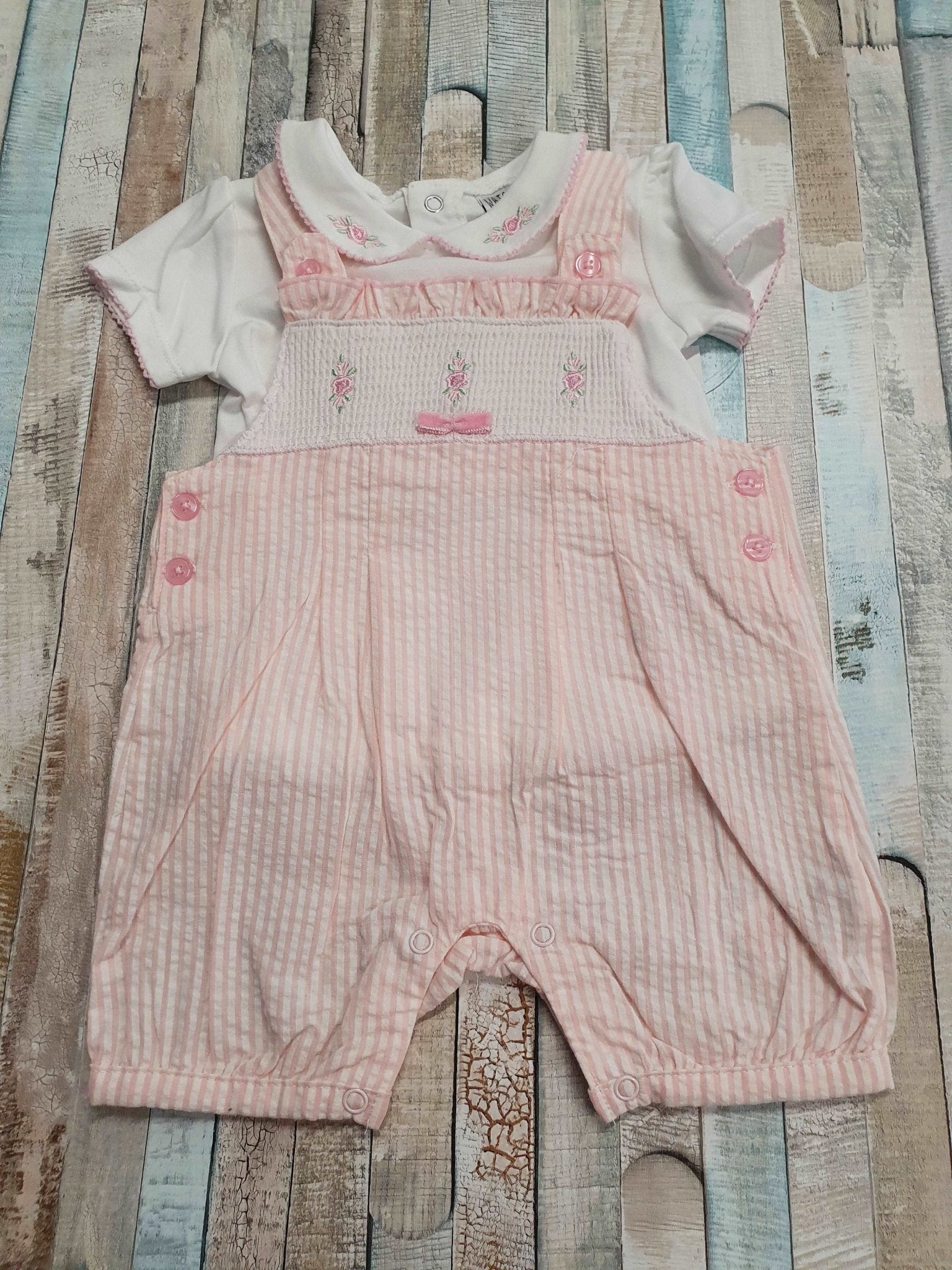 Baby Girls Pink & White Dungaree Set With Embroidered Flowers - Nana B Baby & Childrenswear Boutique