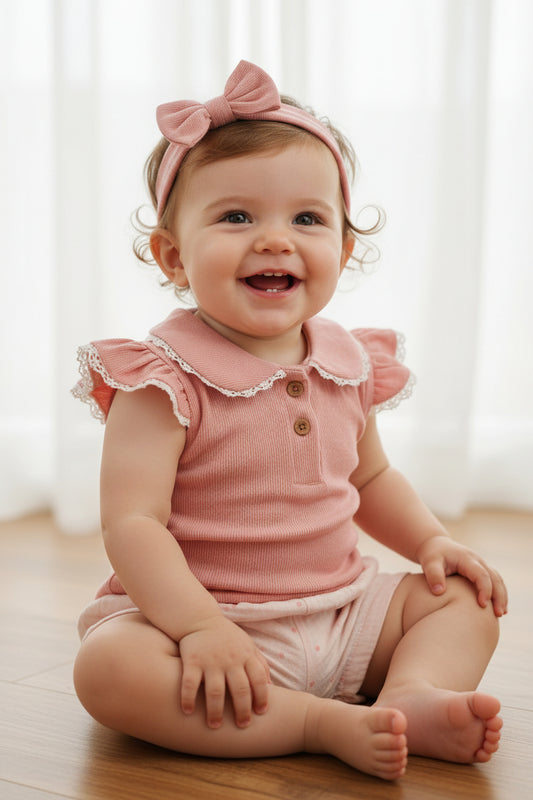 Baby Girls Salmon Pink 3 Piece Short Set