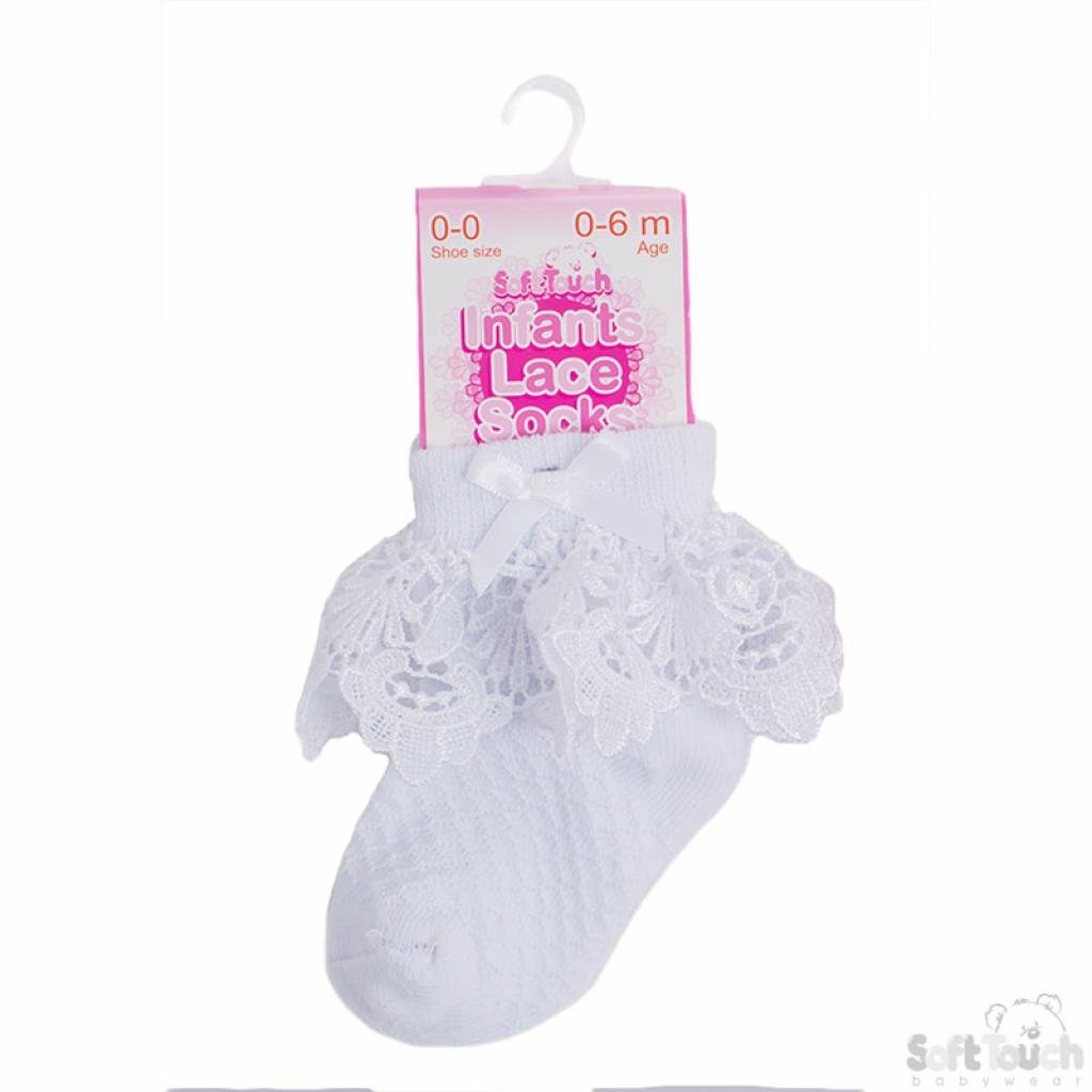 Baby Girls Soft Touch White Deep Lace Bow Ankle Socks