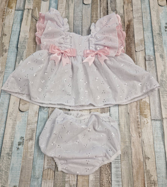 Baby Girls White And Pink Broderie Anglaise Summer Dress - Nana B Baby & Childrenswear Boutique