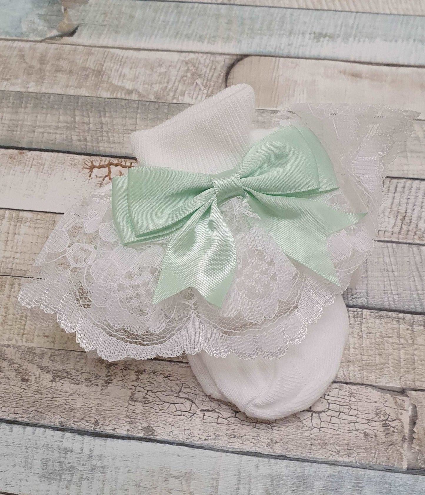 Baby Girls White Frilly Lace Ankle Socks With Mint Ribbon - Nana B Baby & Childrenswear Boutique