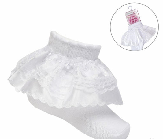 Baby Girls White Frilly Satin And Lace Socks - Nana B Baby & Childrenswear Boutique