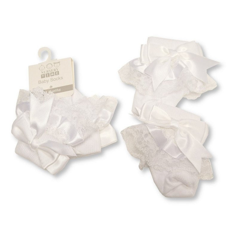 Baby Girls White Socks With White Ribbon & White Lace - Nana B Baby & Childrenswear Boutique